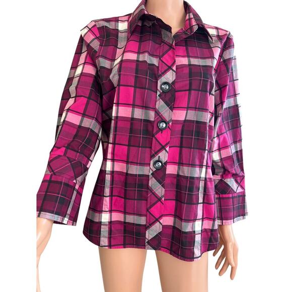 Pendleton Petite Flannel Wrinkle Free pink plaid wide sleeve button up pink/blk - Picture 2 of 9